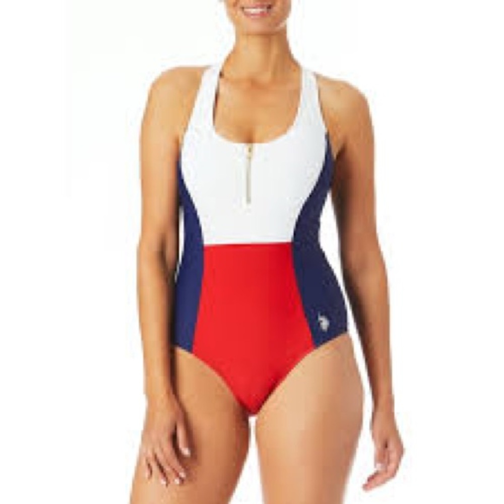 U.S. Polo Assn. Women's Timeless Racer Back Zip Colorblock One Piece Swimsuit